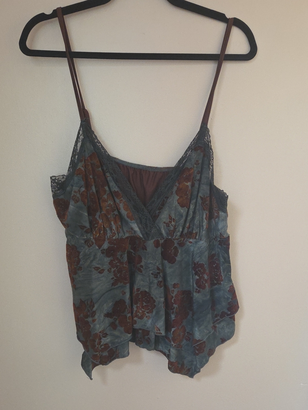 Boho Floral Lace Trim Cami Tank Top - Blue & Brown